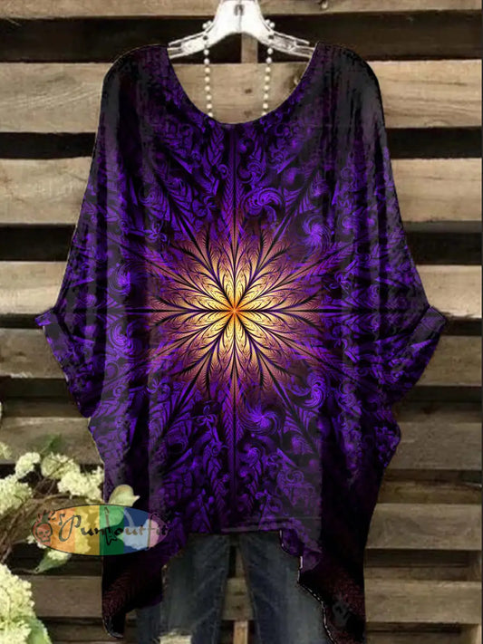 Women’s Vintage Psychedelic Mandala Print Design Top Purple / S