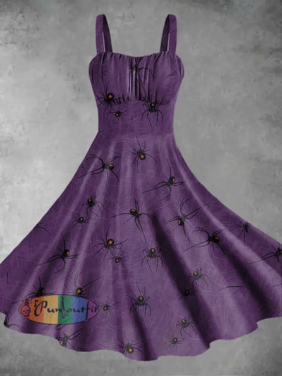 Women’s Vintage Punk Black Widow Purple Moon Spider Print Midi Dress / S