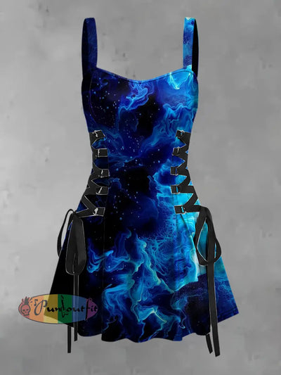 Women’s Vintage Punk Blue Ripple Print Strappy Sleeveless Strappy Mini Dress Blue / S