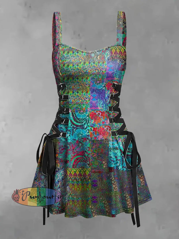 Women’s Vintage Punk Colorful Abstract Color Blocks Print Strappy Sleeveless Mini Dress Green / S