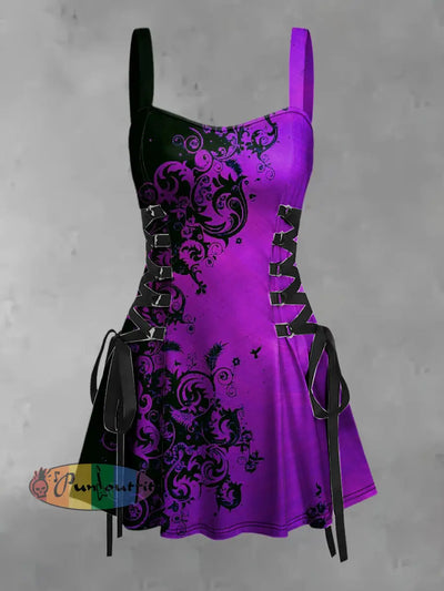 Women’s Vintage Punk Colorful Gothic Floral Abstract Art Print Strappy Sleeveless Strappy Mini Dress Purple / S