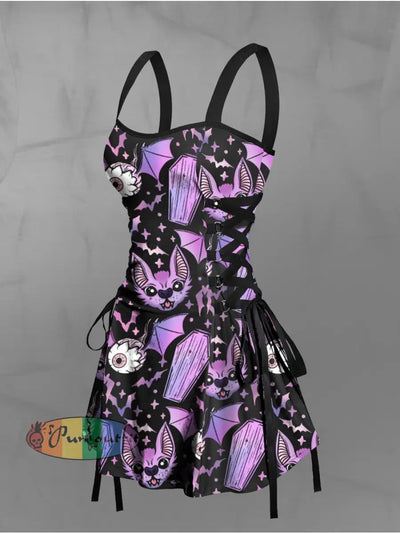 Women’s Vintage Punk Colourful Cat Eyes Print Strappy Sleeveless Strappy Mini Dress Purple / S