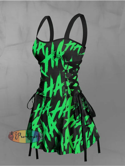Women’s Vintage Punk Colourful HA Print Strappy Sleeveless Strappy Mini Dress Green / S