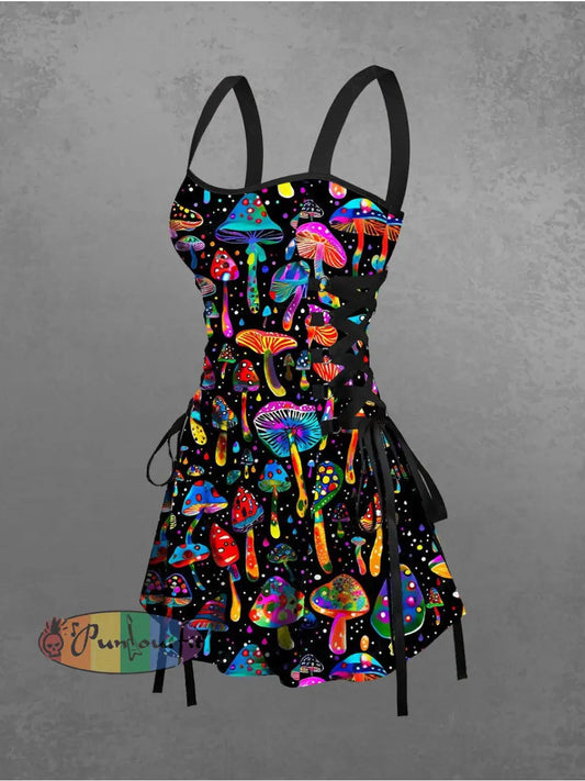Women’s Vintage Punk Colourful Hippie Mushroom Print Strappy Sleeveless Strappy Mini Dress Black / S