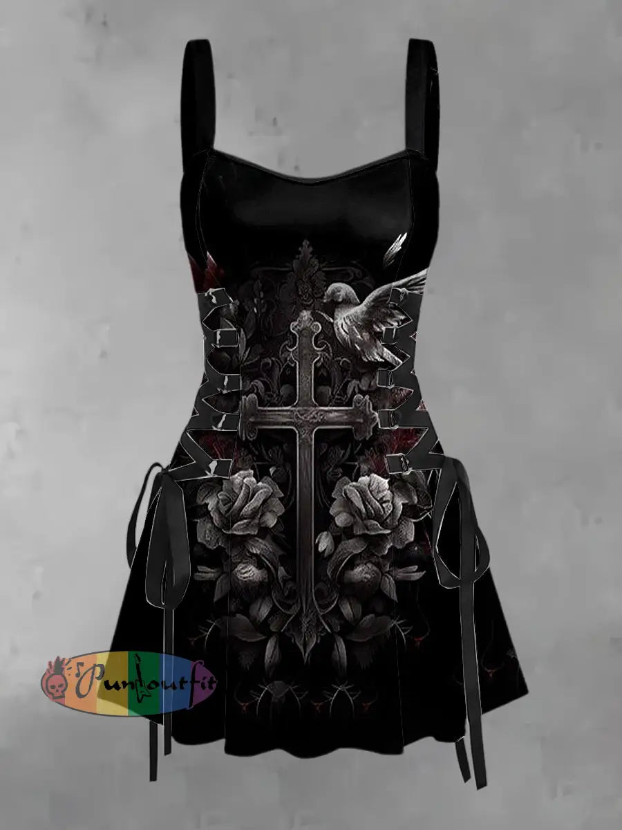 Women’s Vintage Punk Cross Faith Dove Of Peace Flower Print Strappy Sleeveless Strappy Mini Dress Black / S