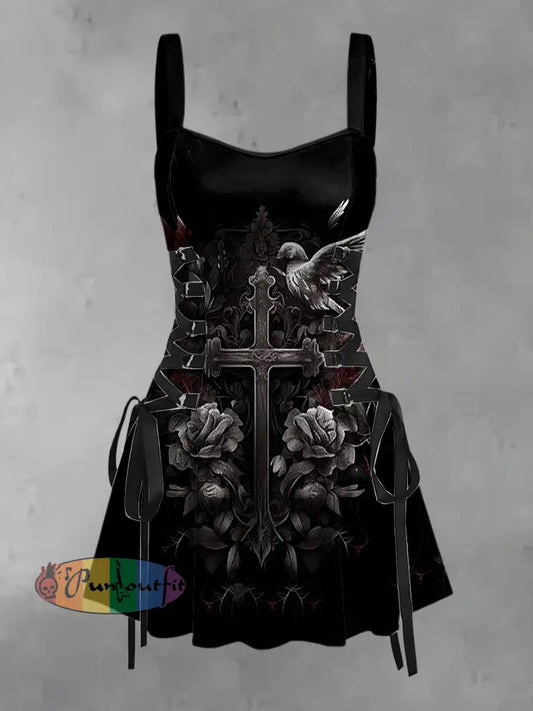 Women’s Vintage Punk Cross Faith Dove Of Peace Flower Print Strappy Sleeveless Strappy Mini Dress Black / S