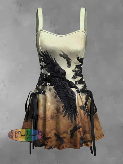 Women’s Vintage Punk Crow Flight Abstract Art Print Strappy Sleeveless Strappy Mini Dress As picture / S