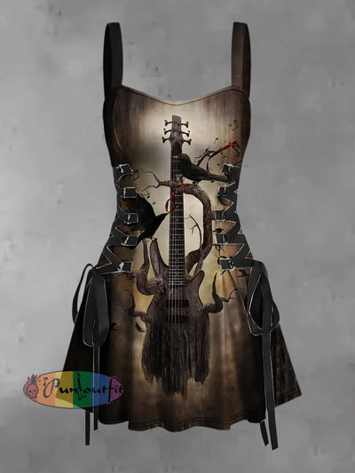 Women’s Vintage Punk Crow Guitar Tree Branch Print Strappy Sleeveless Strappy Mini Dress Brown / S