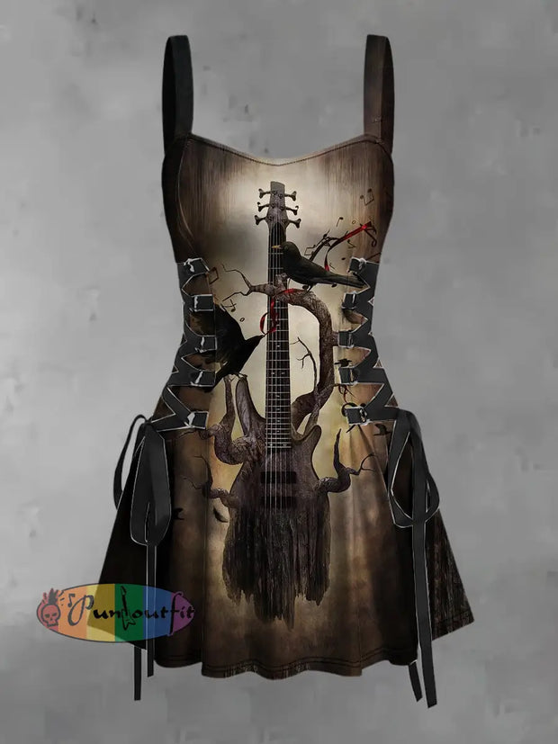 Women’s Vintage Punk Crow Guitar Tree Branch Print Strappy Sleeveless Strappy Mini Dress Brown / S