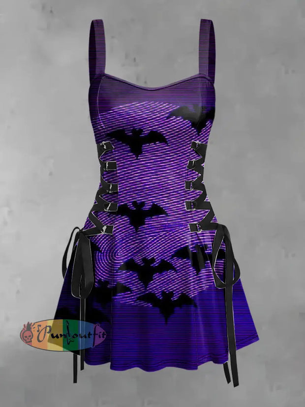 Women’s Vintage Punk Dark Abstract Bats Print Strappy Sleeveless Mini Dress Purple / S