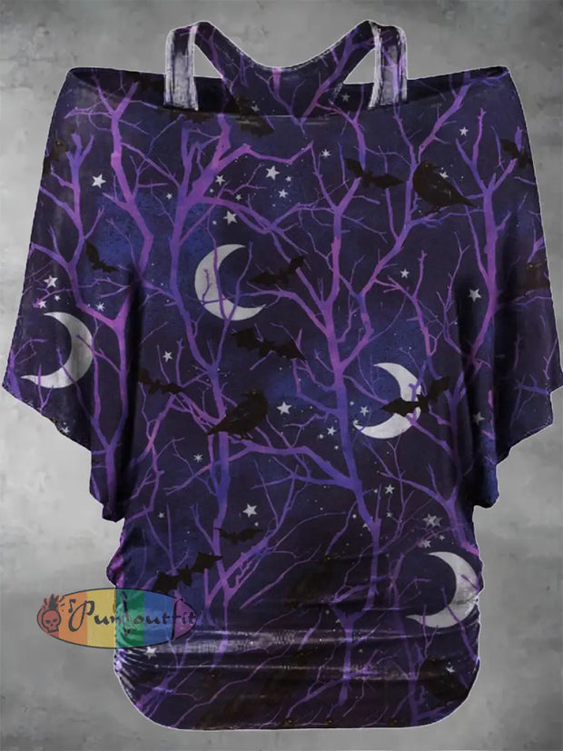 Women’s Vintage Punk Dark Bat Moon Branches Two Piece Suit Top Purple / S