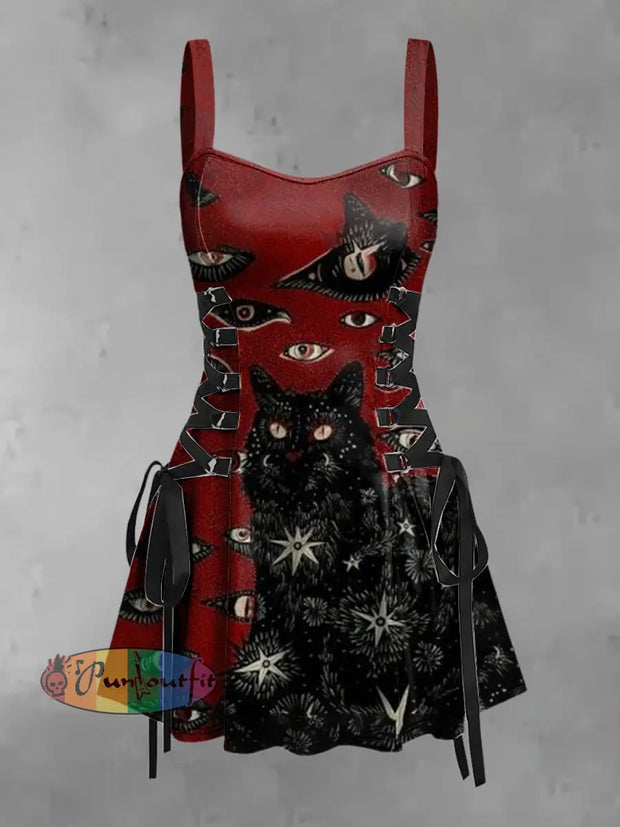 Women’s Vintage Punk Dark Black Cat Eyes Print Strappy Sleeveless Mini Dress Wine Red / S