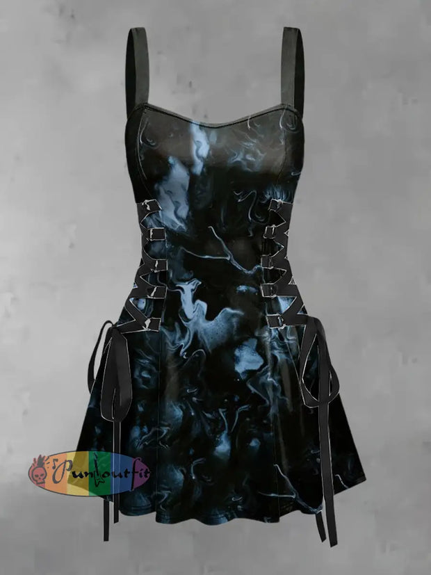 Women’s Vintage Punk Dark Blue Ripple Print Strappy Sleeveless Mini Dress As Picture / S