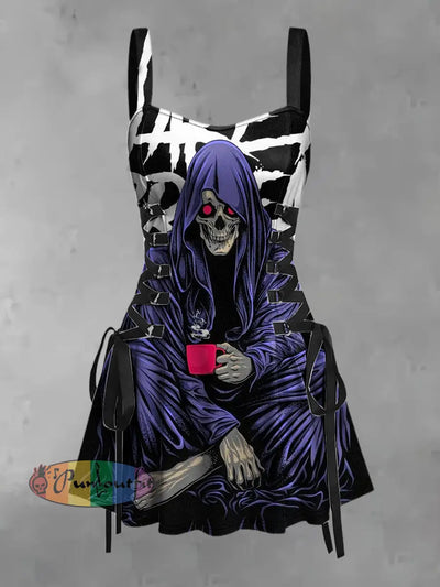 Women’s Vintage Punk Dark Colorful Rock Skull Abstraction Print Strappy Sleeveless Strappy Mini Dress As picture / S