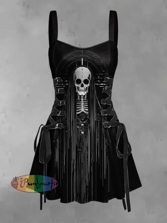 Women’s Vintage Punk Dark Cross Faith Skull Abstracts Print Strappy Sleeveless Strappy Mini Dress Black / S