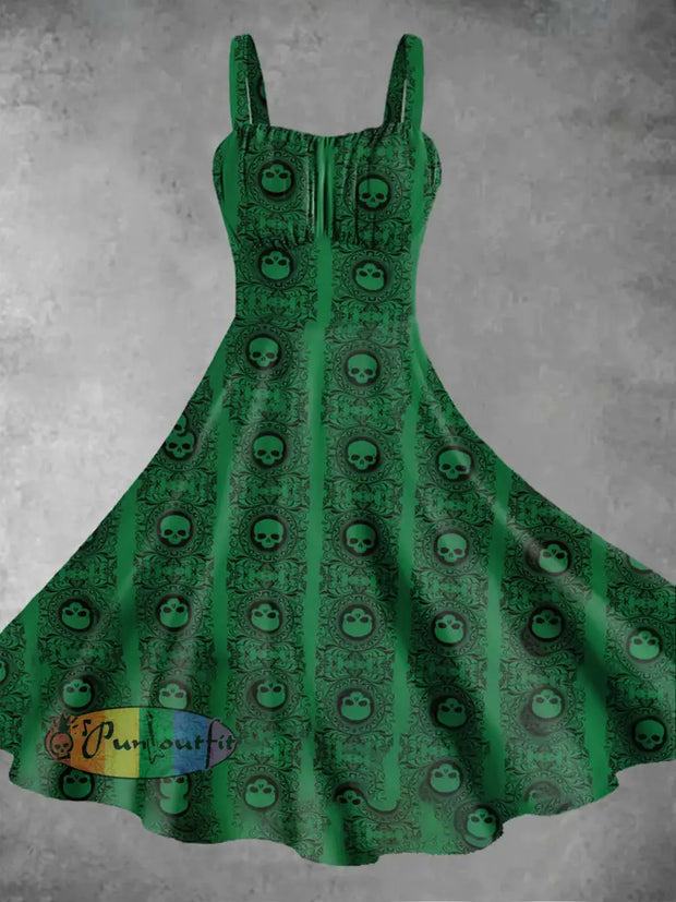 Women’s Vintage Punk Dark Emerald Skulls Print Midi Dress Green / S