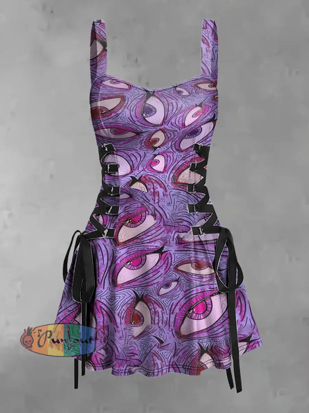 Women’s Vintage Punk Dark Eyes Print Strappy Sleeveless Mini Dress Purple / S