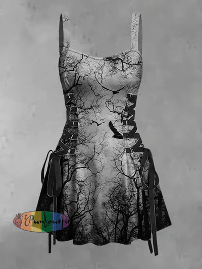 Women’s Vintage Punk Dark Forest Raven Bat Gradient Print Strappy Sleeveless Strappy Mini Dress Gray / S