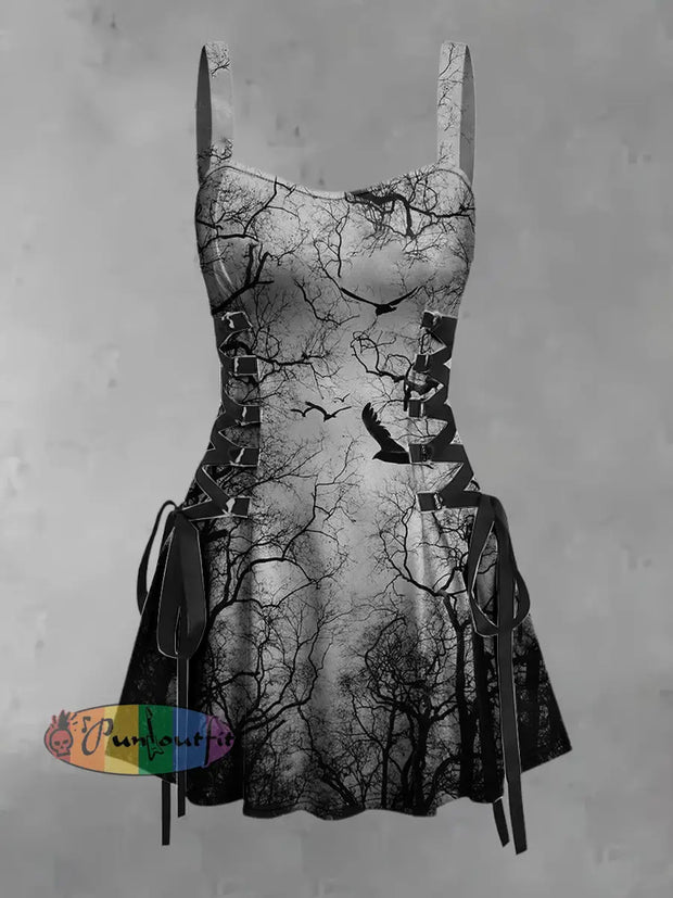Women’s Vintage Punk Dark Forest Raven Bat Gradient Print Strappy Sleeveless Strappy Mini Dress Gray / S
