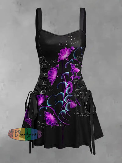 Women’s Vintage Punk Dark Gothic Lotus Flower Print Strappy Sleeveless Mini Dress Black / S