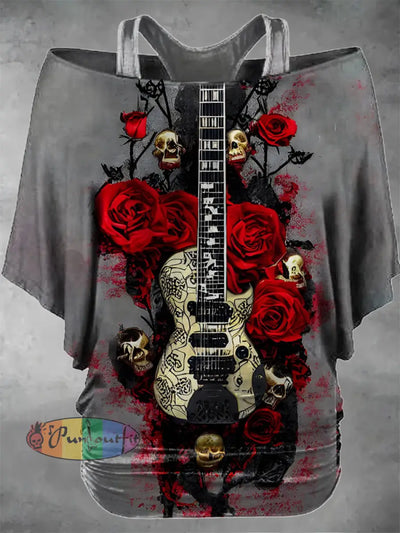 Women’s Vintage Punk Dark Guitar Rose Skulls Two Piece Suit Top Gray / S