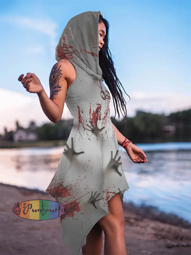 Women’s Vintage Punk Dark Hand Abstract Gradient Print Hooded Irregular Sleeveless Dress Gray / S