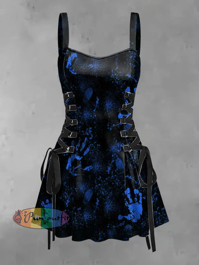 Women’s Vintage Punk Dark Handprint Graffiti Print Strappy Sleeveless Mini Dress Blue / S