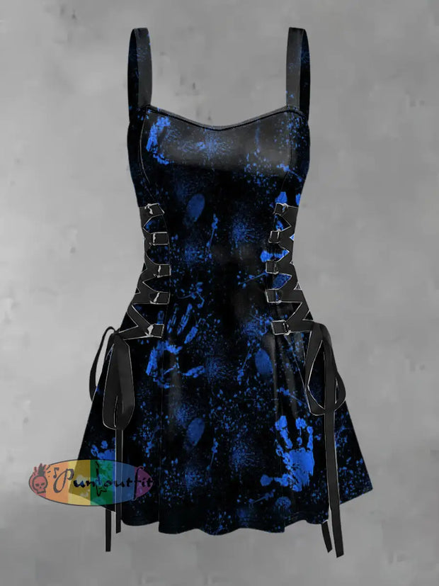 Women’s Vintage Punk Dark Handprint Graffiti Print Strappy Sleeveless Mini Dress Blue / S