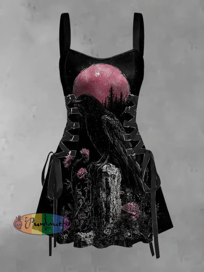 Women’s Vintage Punk Dark Moon Raven Floral Abstract Print Strappy Sleeveless Strappy Mini Dress Black / S