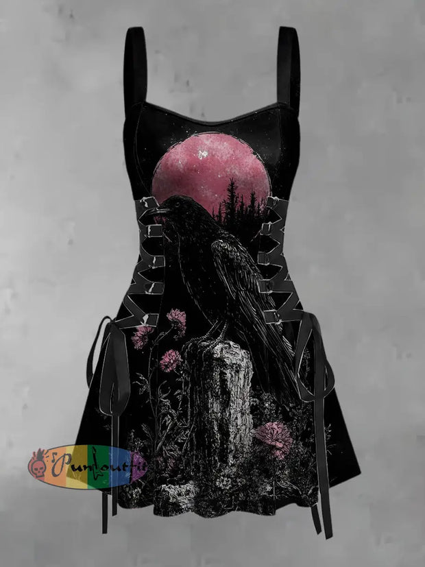 Women’s Vintage Punk Dark Moon Raven Floral Abstract Print Strappy Sleeveless Strappy Mini Dress Black / S