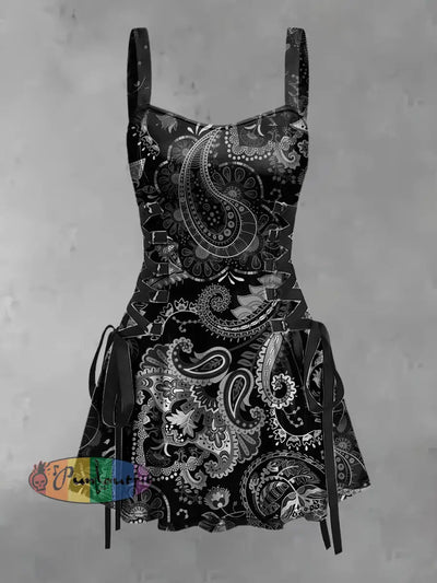 Women’s Vintage Punk Dark Peris Gothic Print Strappy Sleeveless Mini Dress Black / S