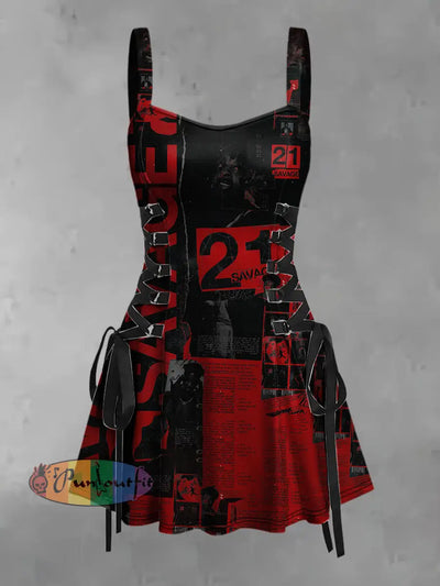 Women’s Vintage Punk Dark Poster 21 Abstract Print Strappy Sleeveless Strappy Mini Dress Red / S