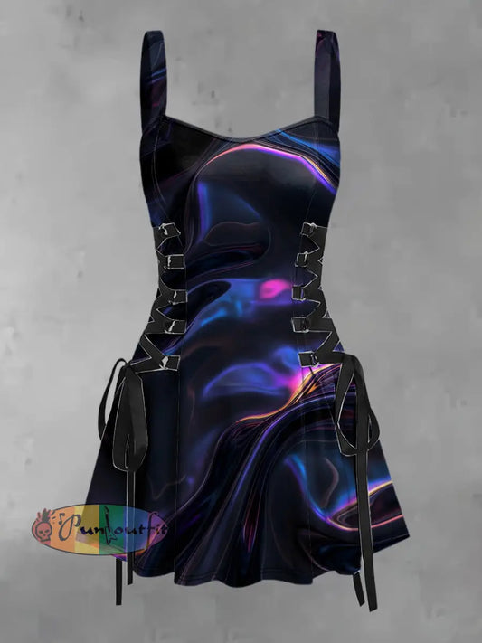 Women’s Vintage Punk Dark Purple Ripple Laser Colorful Print Strappy Sleeveless Strappy Mini Dress Black / S