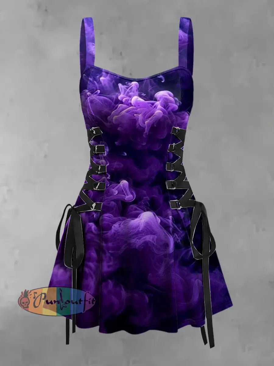 Women’s Vintage Punk Dark Purple Smoke Print Strappy Sleeveless Strappy Mini Dress Purple / S