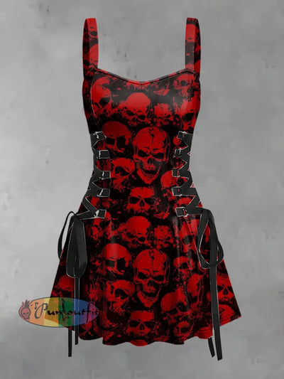 Women’s Vintage Punk Dark Red Skulls Print Strappy Sleeveless Mini Dress / S