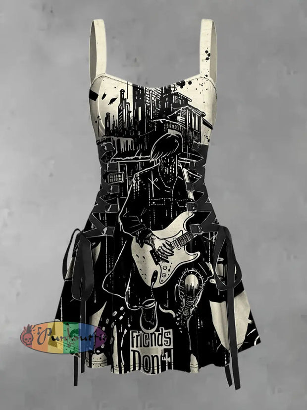 Women’s Vintage Punk Dark Rock Guitar Art Designs Print Strappy Sleeveless Strappy Mini Dress As picture / S