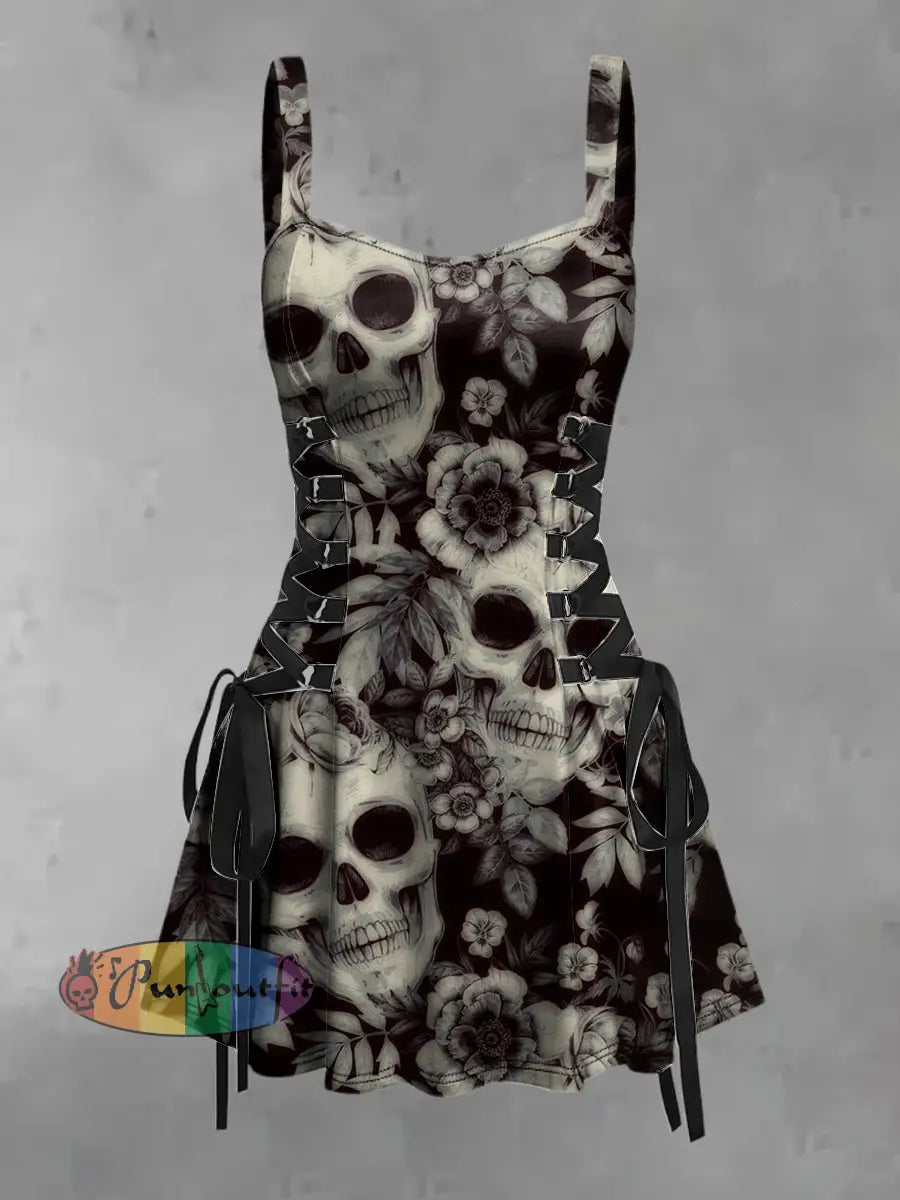 Women’s Vintage Punk Dark Skull Floral Leaves Print Strappy Sleeveless Strappy Mini Dress As picture / S