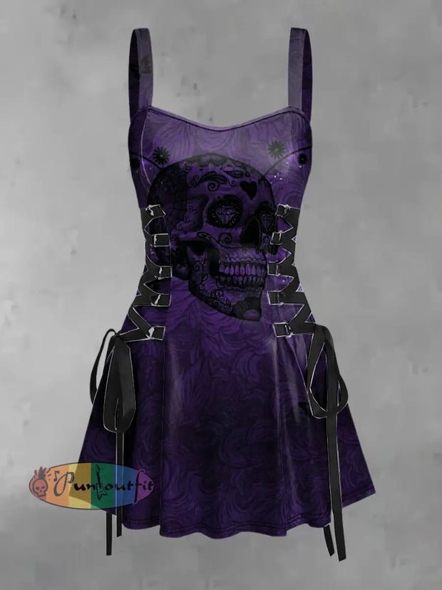 Women’s Vintage Punk Dark Skull Gothic Print Strappy Sleeveless Mini Dress Purple / S