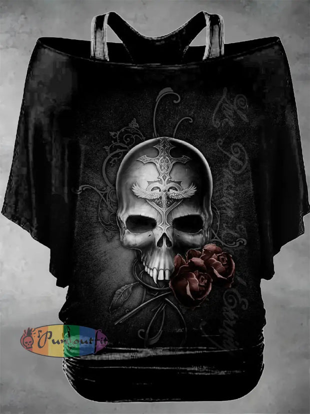 Women’s Vintage Punk Dark Skull Rose Two Piece Suit Top Black / S