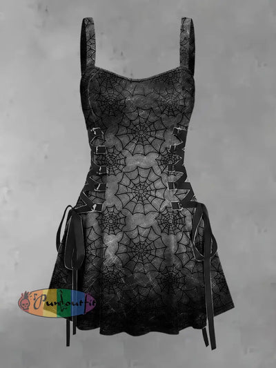Women’s Vintage Punk Dark Spider Web Print Strappy Sleeveless Strappy Mini Dress Gray / S
