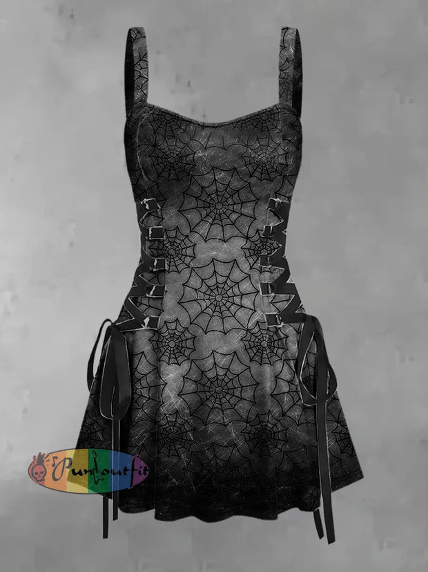 Women’s Vintage Punk Dark Spider Web Print Strappy Sleeveless Strappy Mini Dress Gray / S