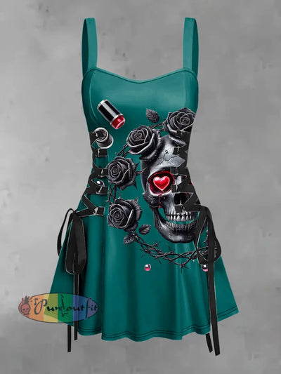 Women’s Vintage Punk Dark Valentine’s Day Rose Skull Makeup Print Strappy Sleeveless Mini Dress