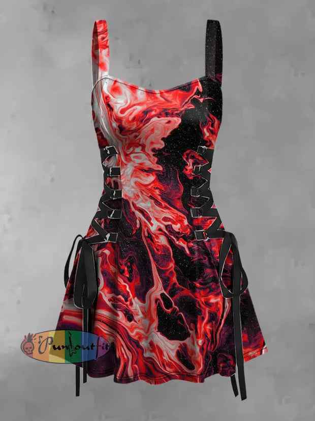 Women’s Vintage Punk Diablo Black Red Ripple Print Strappy Sleeveless Mini Dress / S