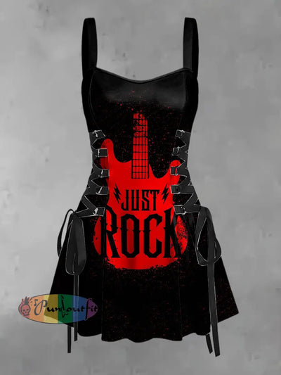 Women’s Vintage Punk Diablo Just Rock Guitar Print Strappy Sleeveless Strappy Mini Dress Black / S