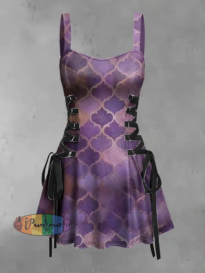 Women’s Vintage Punk Gothic Aged Purple Geometry Print Strappy Sleeveless Mini Dress / S