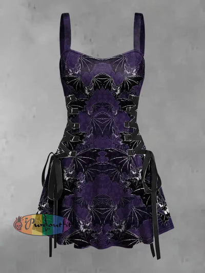 Women’s Vintage Punk Gothic Bats Print Strappy Sleeveless Mini Dress Purple / S