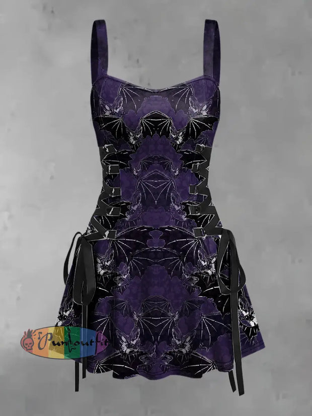 Women’s Vintage Punk Gothic Bats Print Strappy Sleeveless Mini Dress Purple / S