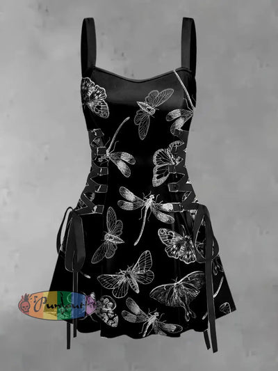 Women’s Vintage Punk Gothic Butterfly Dragonfly Party Print Strappy Sleeveless Mini Dress Black / S