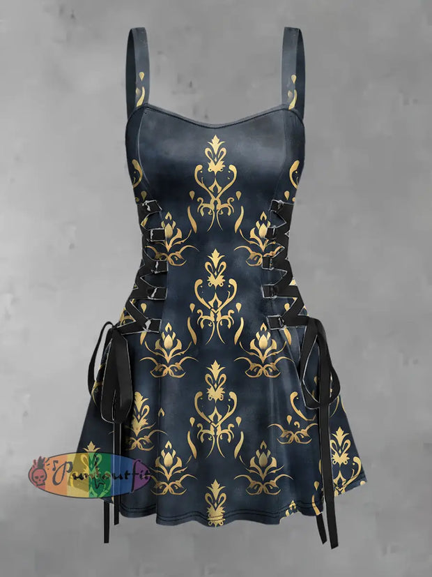 Women’s Vintage Punk Gothic Elegant Gold Floral Patterns Print Strappy Sleeveless Mini Dress Navy