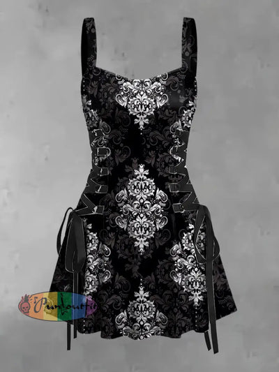 Women’s Vintage Punk Gothic Floral Gradient Print Strappy Sleeveless Strappy Mini Dress Black / S